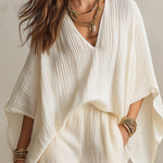 Relaxed Cream Textured V-Neck Batwing Sleeve & Wide-Leg Trouser Co-ord Set