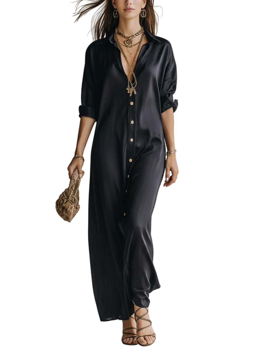 High-quality Satin Black Shirt Dress
