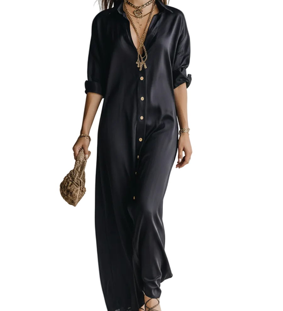High-quality Satin Black Shirt Dress