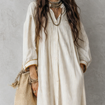 Striped Ivory Long Dress With Button Closure