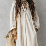 Striped Ivory Long Dress With Button Closure