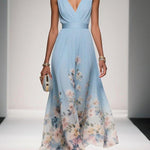 Light Blue Floral Chiffon V Neck Sleeveless A-Line Maxi Dress