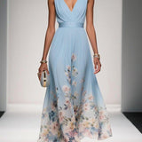 Light Blue Floral Chiffon V Neck Sleeveless A-Line Maxi Dress