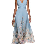 Light Blue Floral Chiffon V Neck Sleeveless A-Line Maxi Dress
