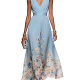 Light Blue Floral Chiffon V Neck Sleeveless A-Line Maxi Dress