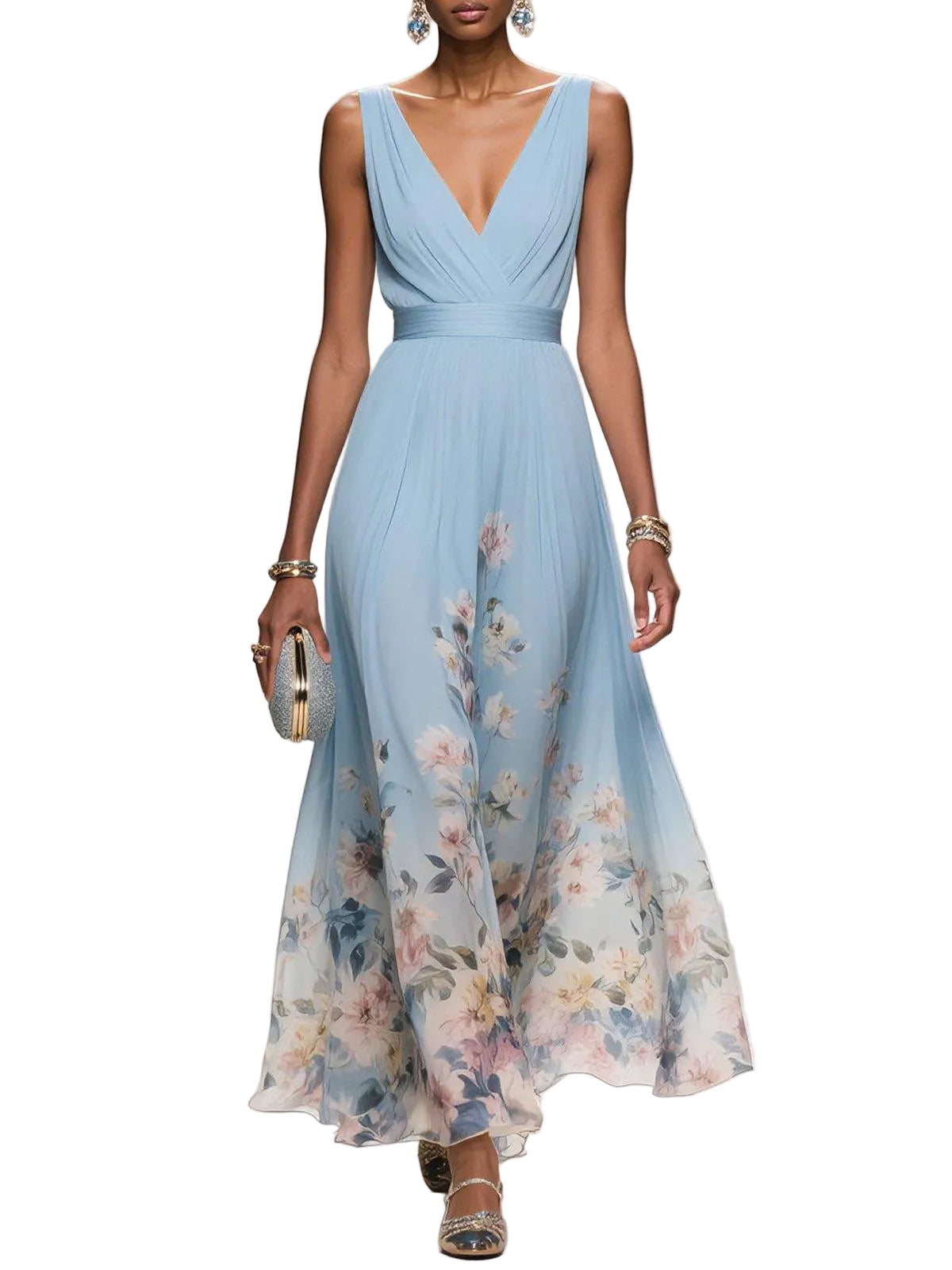 Light Blue Floral Chiffon V Neck Sleeveless A-Line Maxi Dress