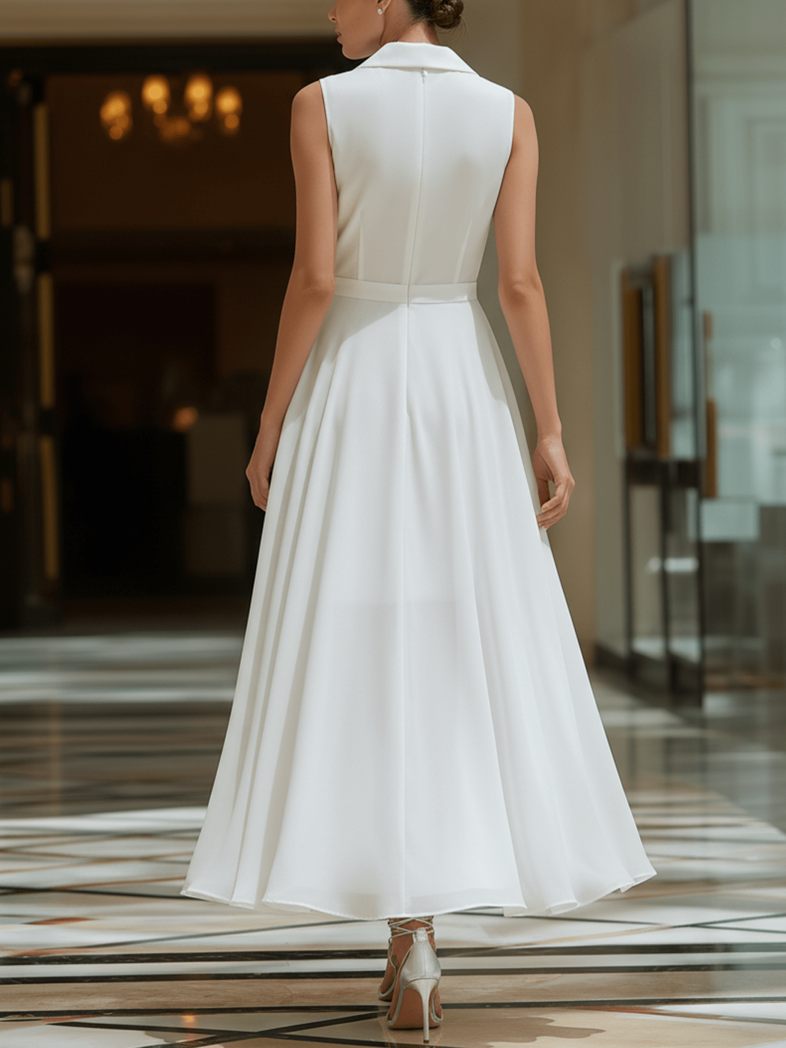 VESTIDO MIDI BLANCO DE GASA CON CUELLO BLAZER Y FORRO - VALERINA MARBELLA