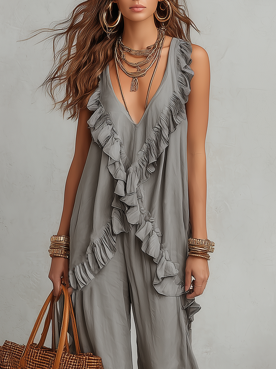 Effortless Ruffled Top & Wide-Leg Pants Set