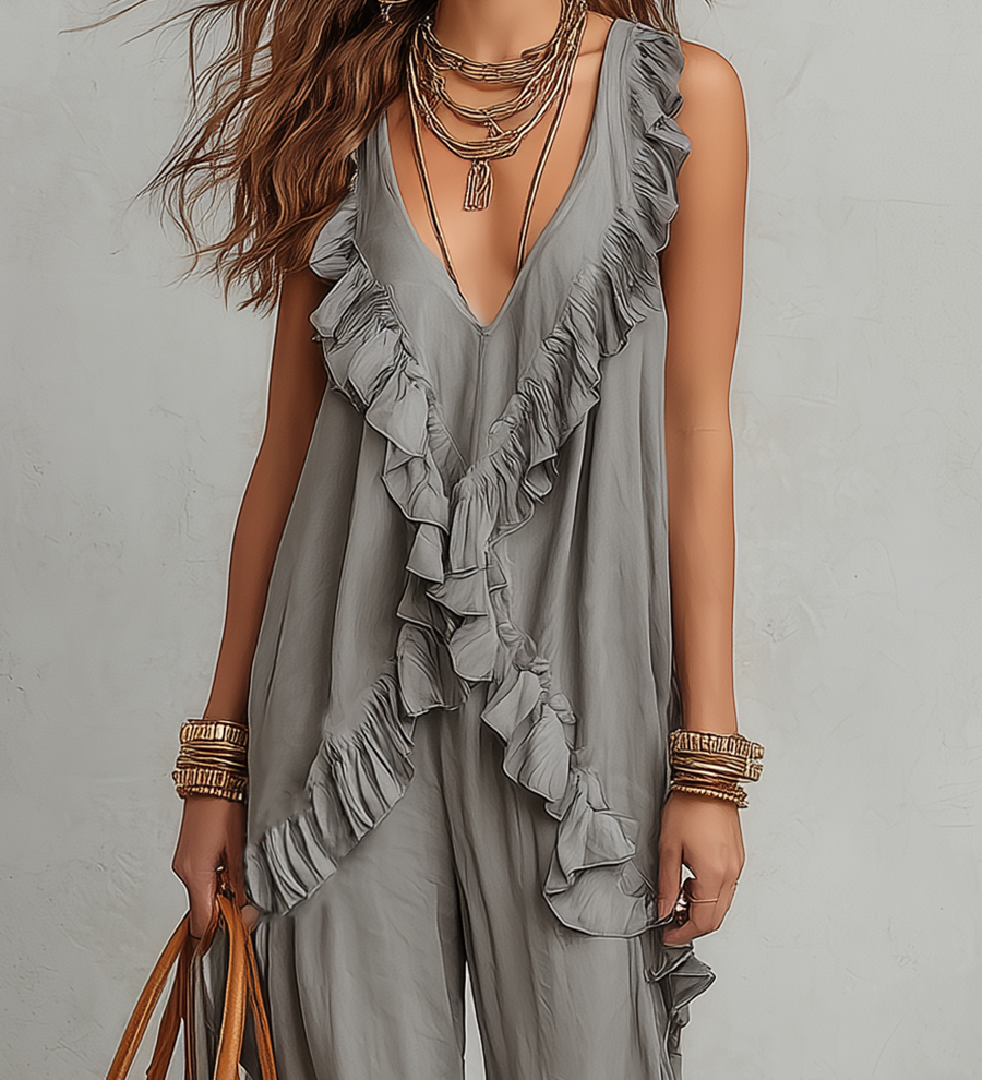 Effortless Ruffled Top & Wide-Leg Pants Set