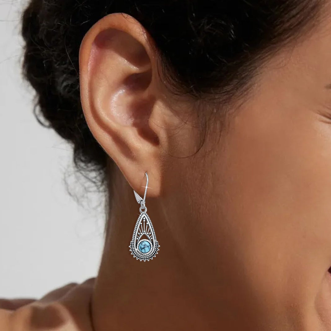 PENDIENTES BOHEMIO PLATA PLAQUÉ FILIGRANE GOTA TURQUESA COLGANTE