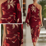 VESTIDO MIDI CON ESTAMPADO TROPICAL BURDEOS - VALERINA MARBELLA