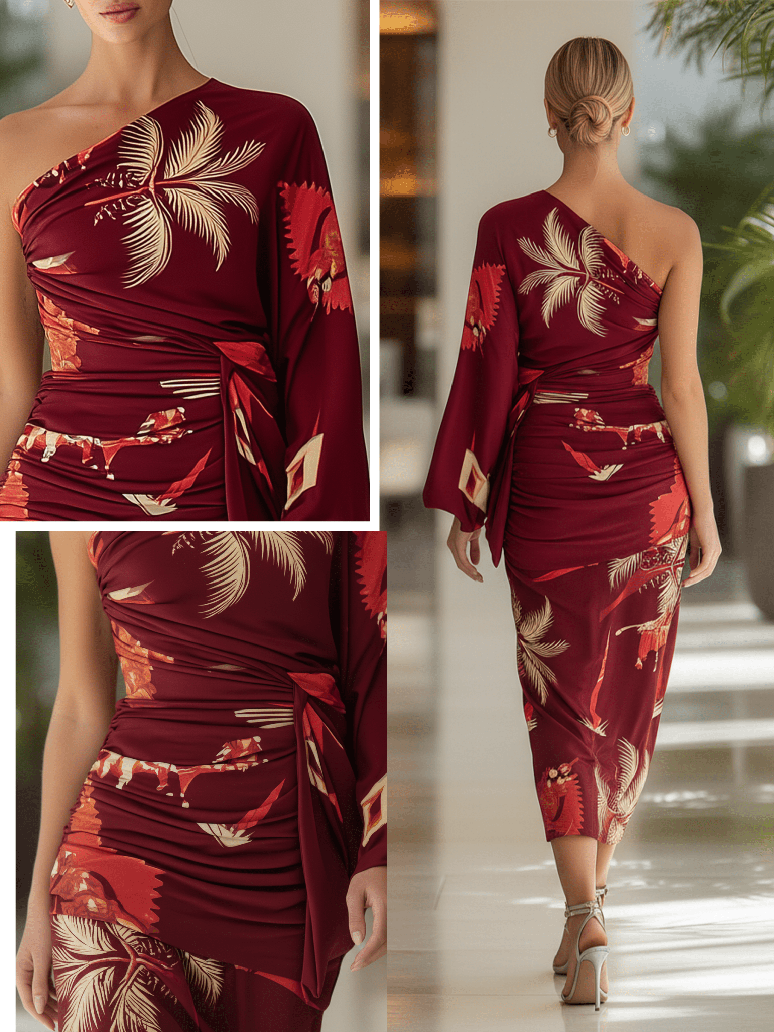 VESTIDO MIDI CON ESTAMPADO TROPICAL BURDEOS - VALERINA MARBELLA
