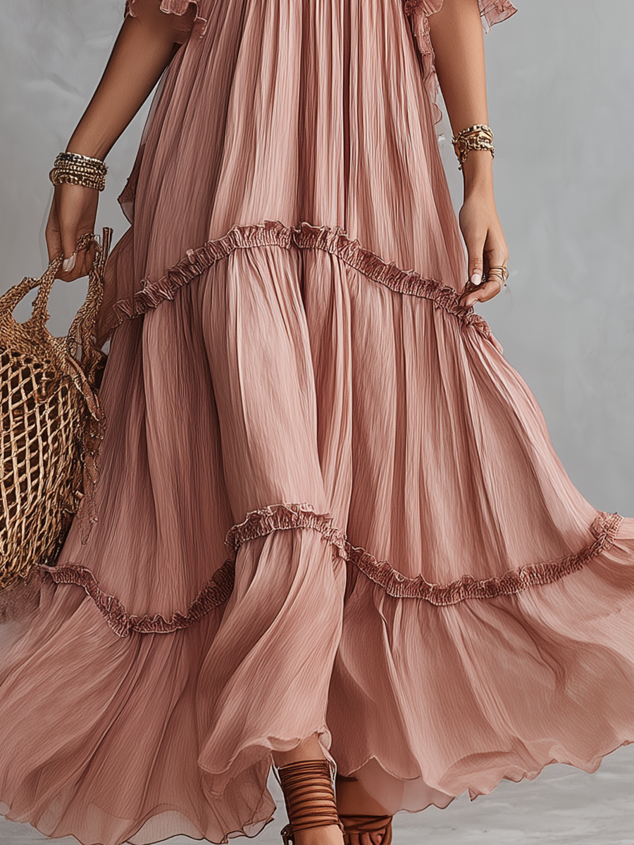 Soft Blush Ruffled Bohemian Maxi Dress