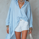 French-style Vacation Inspired Blue And White Striped Asymmetrical Shirt And Shorts Se