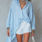 French-style Vacation Inspired Blue And White Striped Asymmetrical Shirt And Shorts Se