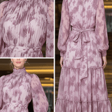 VESTIDO LARGO ROSA EMPOLVADO CON VOLANTES Y CINTURÓN A JUEGO - VALERINA MARBELLA