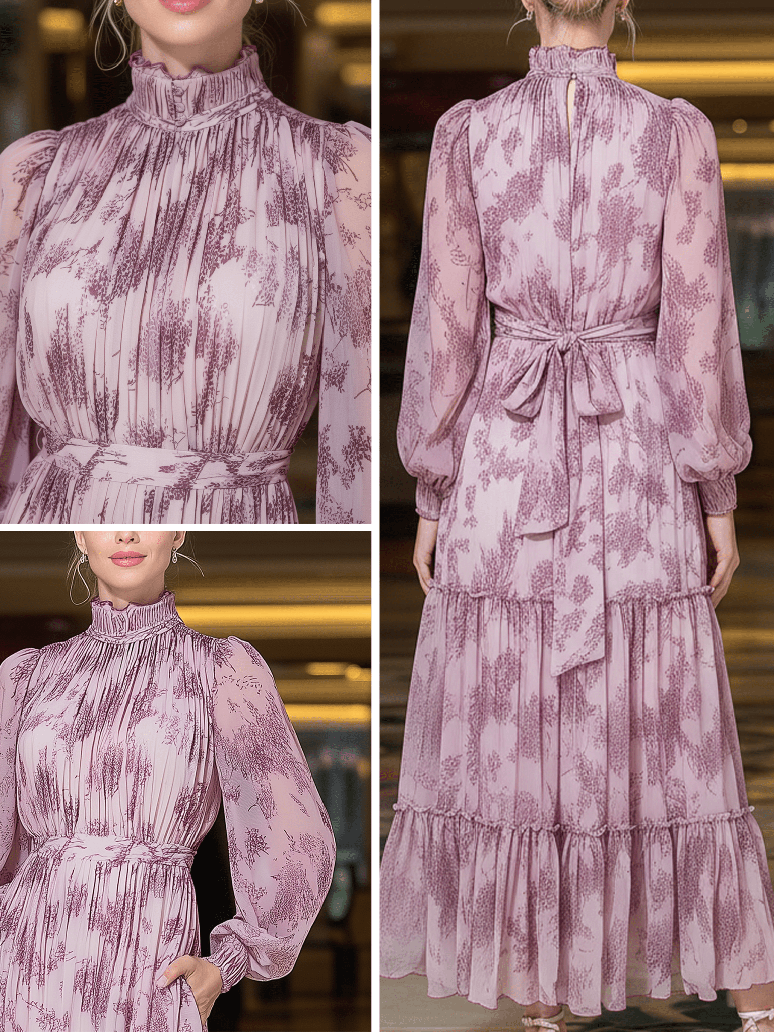 VESTIDO LARGO ROSA EMPOLVADO CON VOLANTES Y CINTURÓN A JUEGO - VALERINA MARBELLA