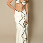 Black and White Color-blocked Two-piece Stretch Bikini Swimsuit and Elegant Ruffled Maxi Skirt Set
