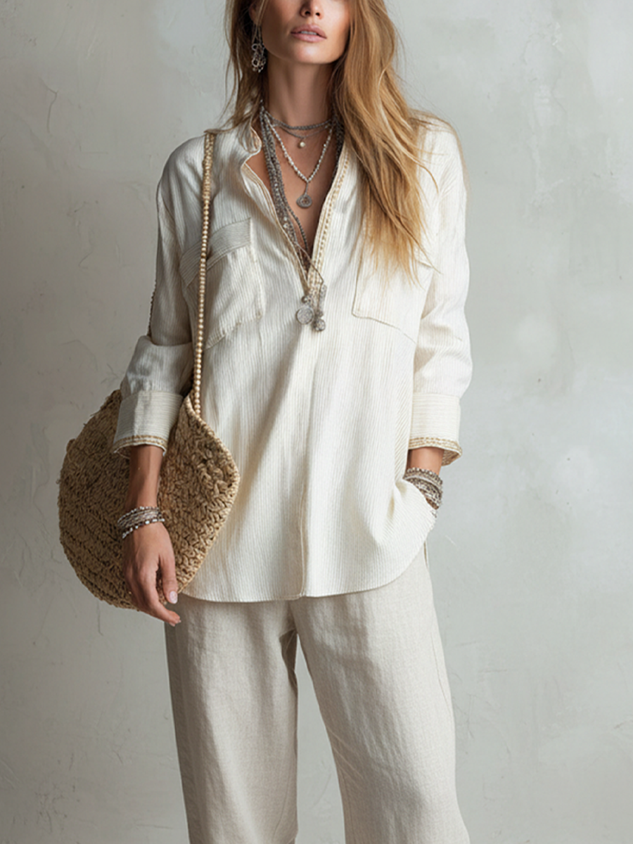 Casual Off-white Linen Shirt And Straight-leg Trousers Set.