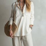 Casual Off-white Linen Shirt And Straight-leg Trousers Set.