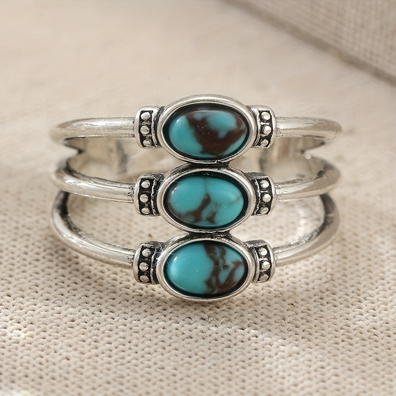 ANILLO VINTAGE BOHEMIO STYLE TRIPLE TURQUESA PLATA