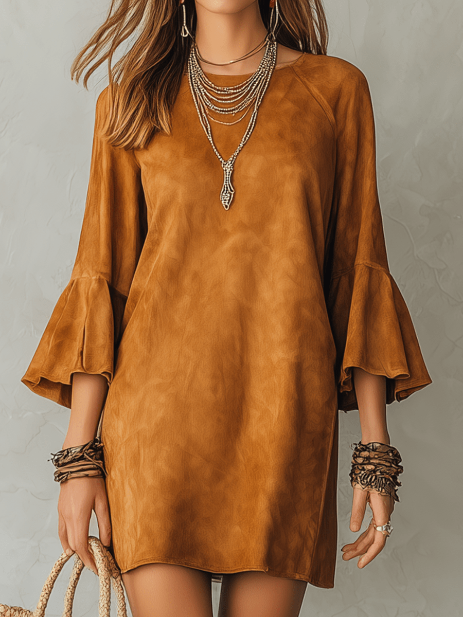 VESTIDO MINI DE ANTE COLOR CARAMELO ESTILO BOHEMIO - VALERINA MARBELLA