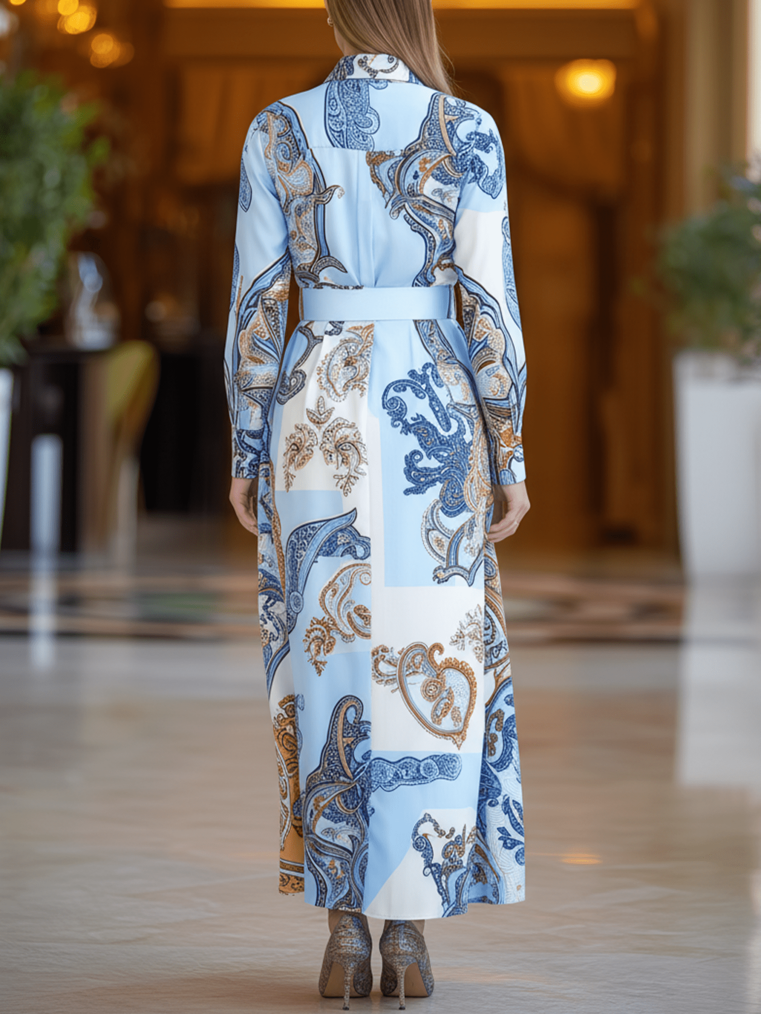 VESTIDO LARGO CAMISERO AZUL CLARO CON ESTAMPADO PAISLEY Y CINTURÓN - VALERINA MARBELLA