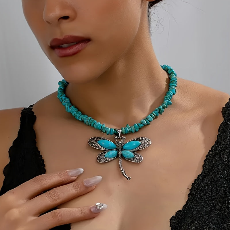 COLLAR VINTAGE BOHEMIO TURQUESA PERLÉ LIBÉLULA COLGANTE