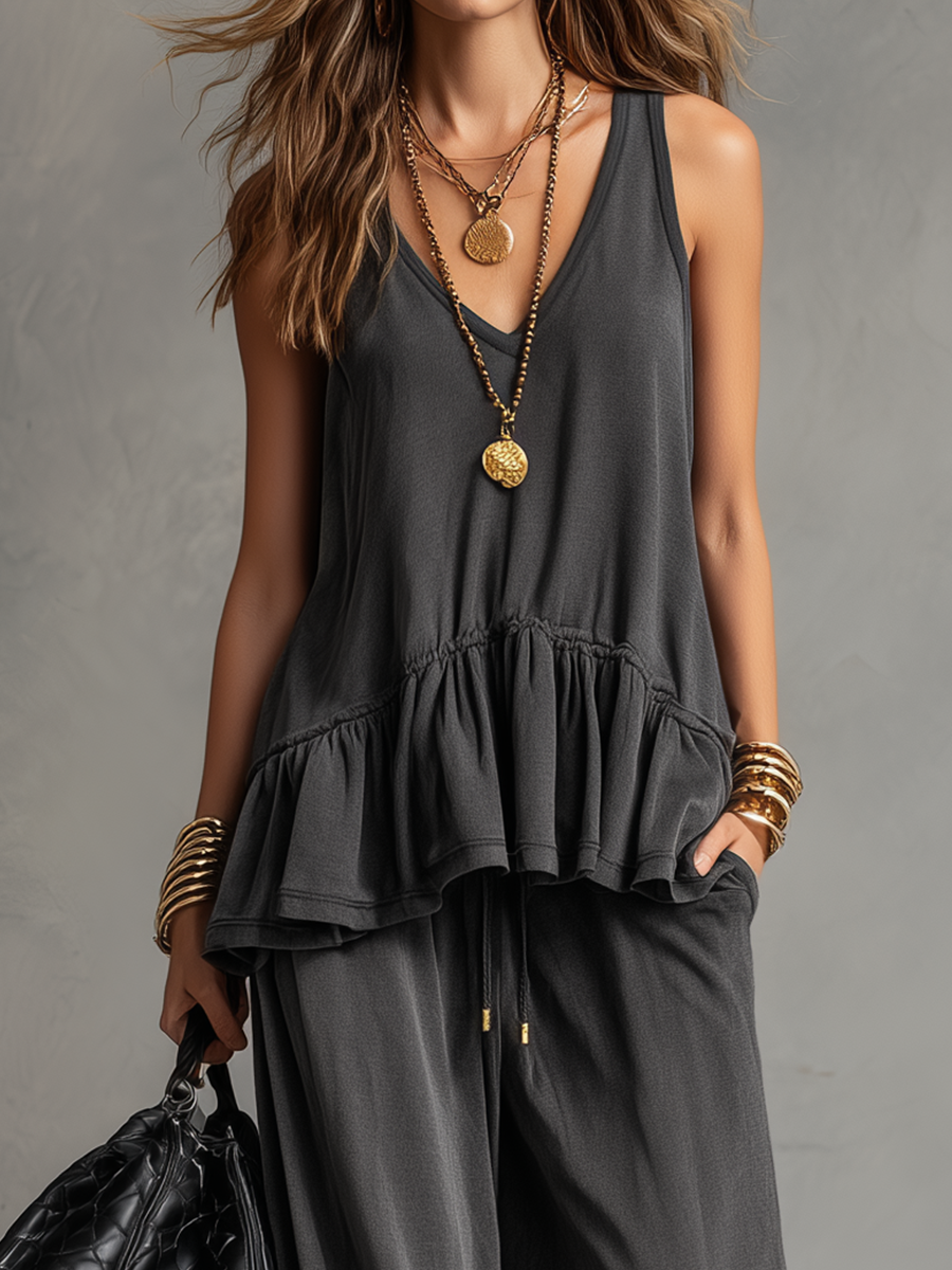 Relaxed Ruffled Tank & Harem Pant Set In Charcoal
