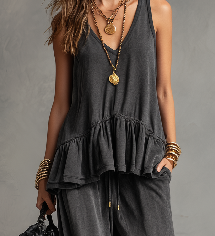 Relaxed Ruffled Tank & Harem Pant Set In Charcoal