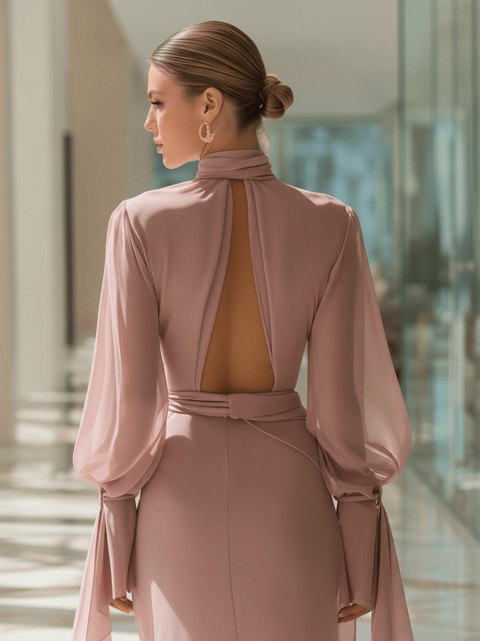 VESTIDO LARGO DE GASA ROSA EMPOLVADO CON PUÑOS DE LAZO - VALERINA MARBELLA