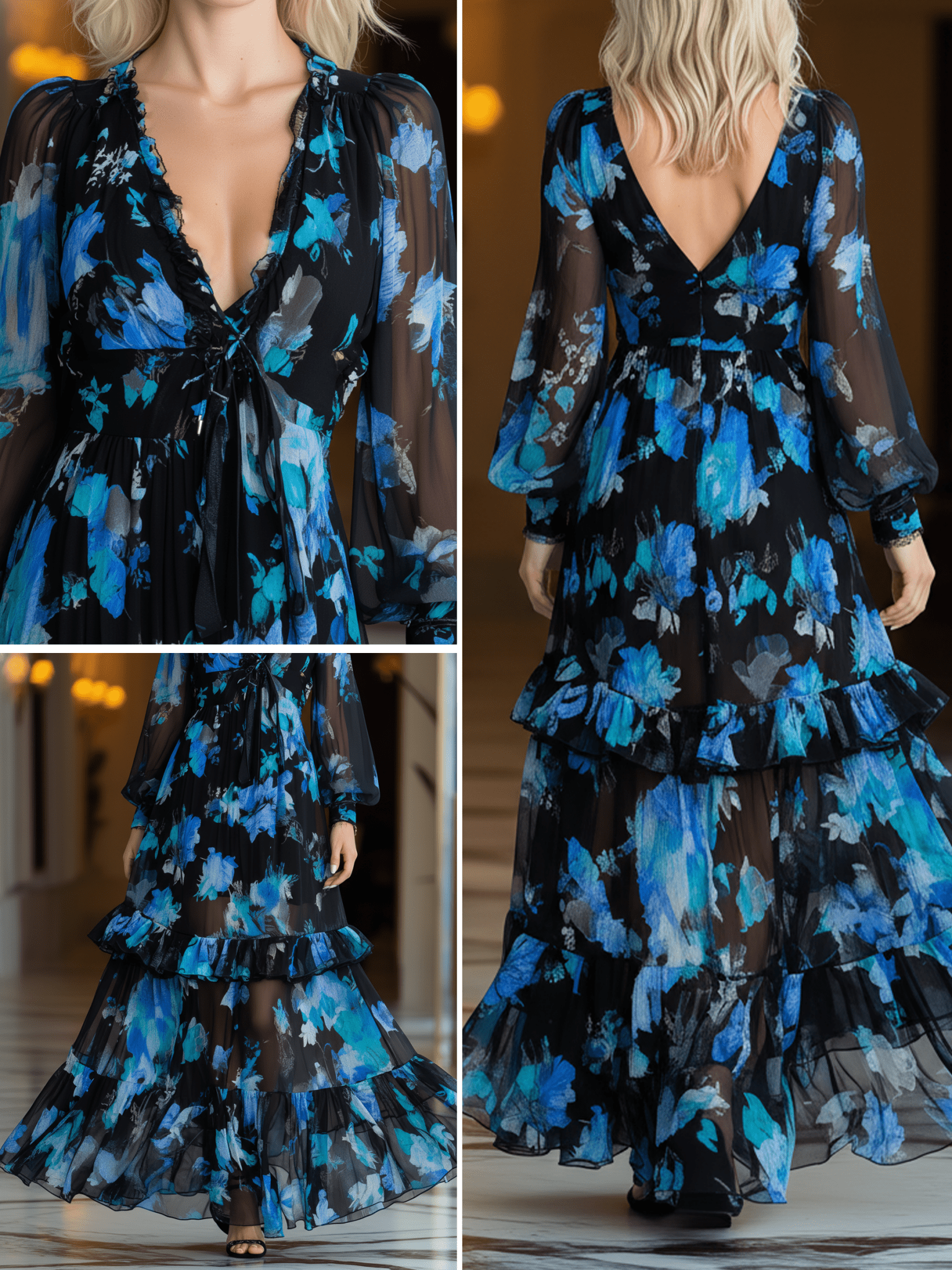 VESTIDO LARGO DE GASA FLORAL ACUARELA EN NEGRO Y PETRÓLEO - VALERINA MARBELLA