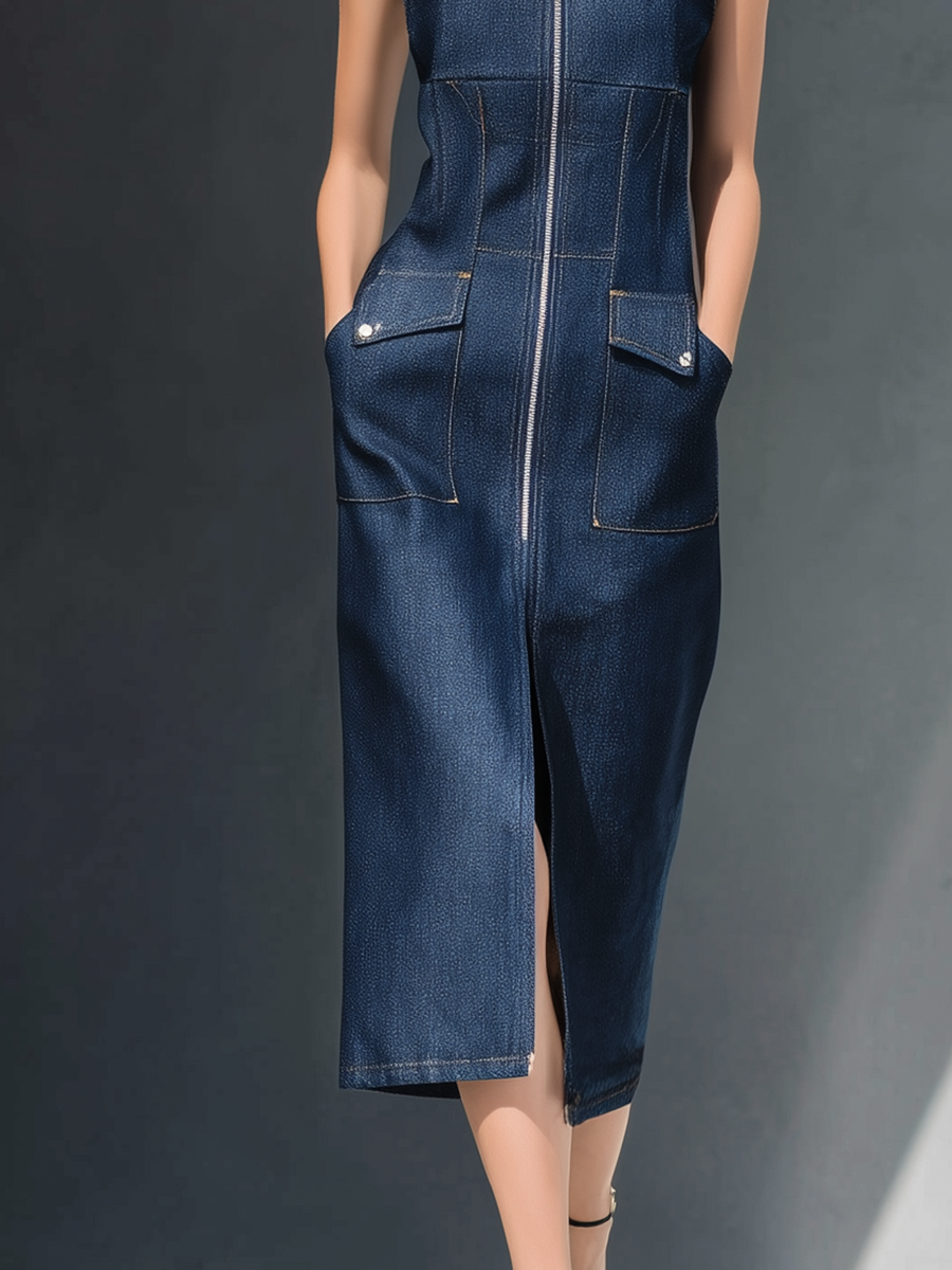 Tailored Utility Denim Midi Dress