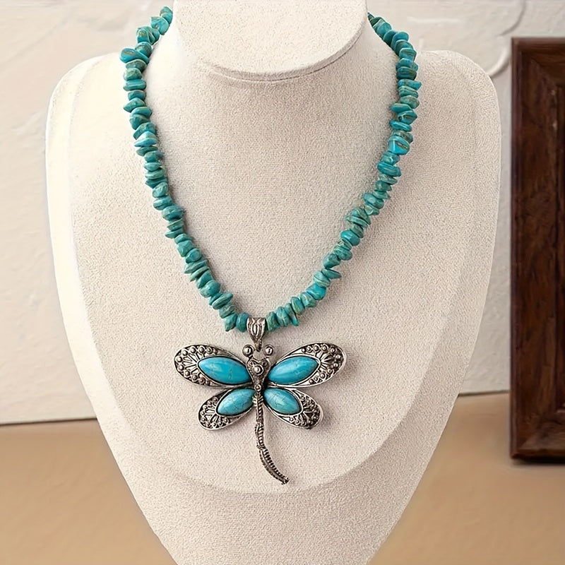 COLLAR VINTAGE BOHEMIO TURQUESA PERLÉ LIBÉLULA COLGANTE