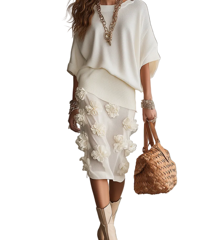 Artisan Ivory Textured Knit Top & Floral Appliqué Skirt Set