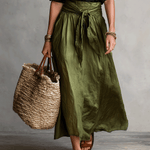 Effortless Boho Black Blouse & Olive Satin Midi Skirt Set