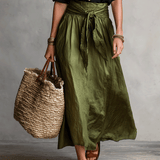 Effortless Boho Black Blouse & Olive Satin Midi Skirt Set