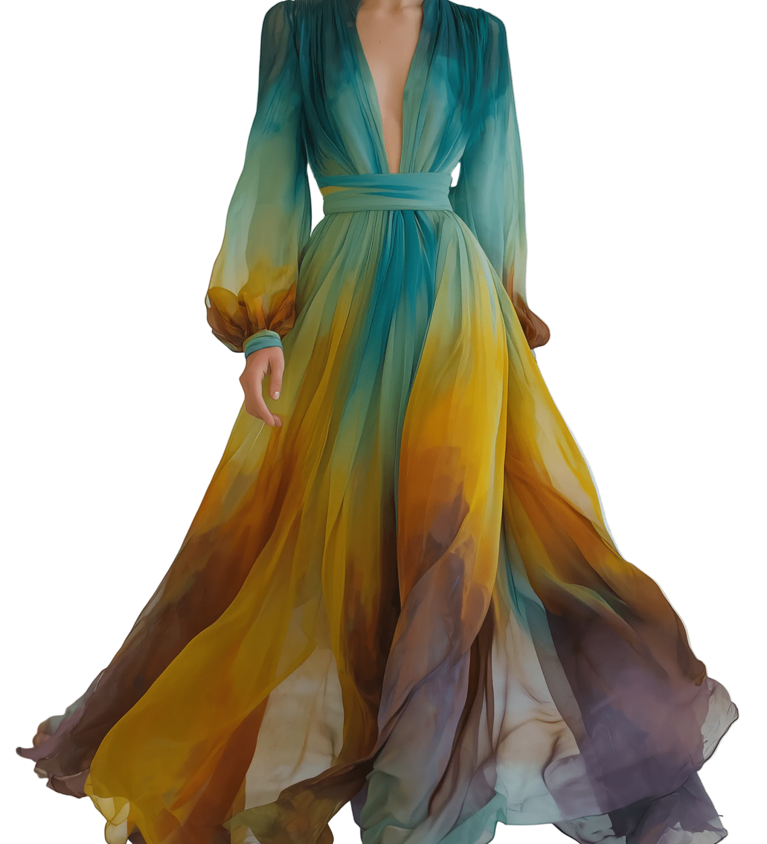 VESTIDO MAXI DE GASA CON DEGRADADO Y MANGAS FAROL - VALERINA MARBELLA