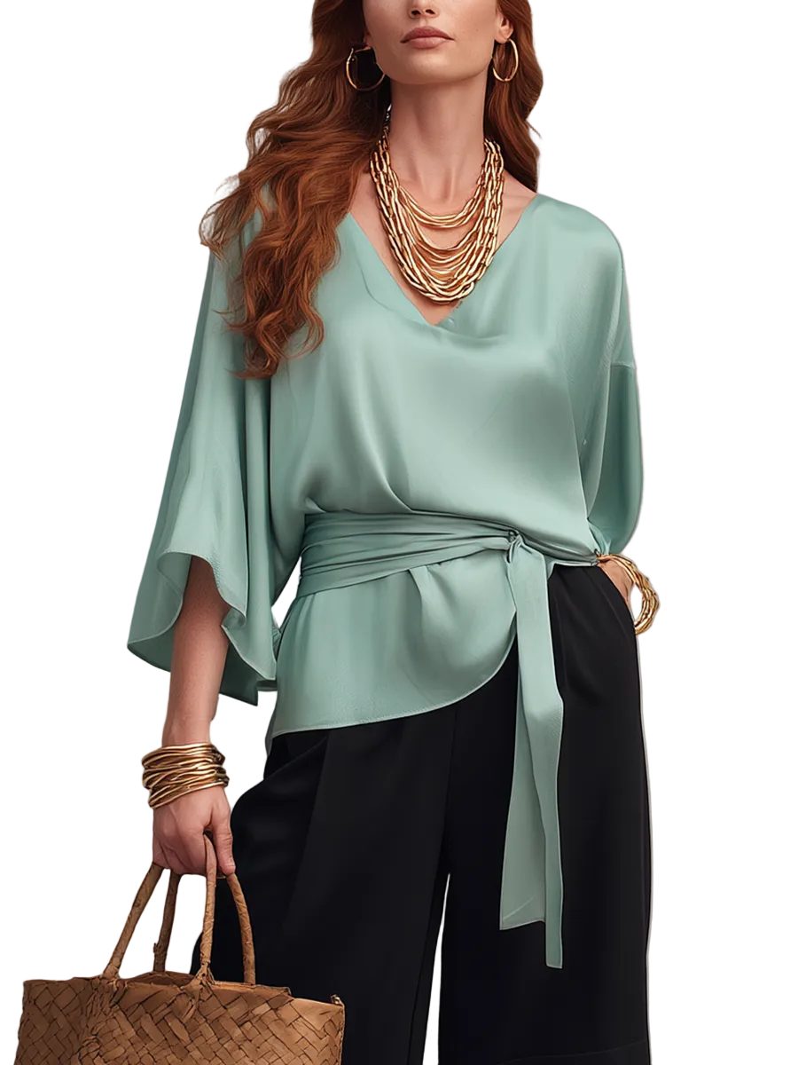 Effortless Mint Green Fluid Wrap Blouse