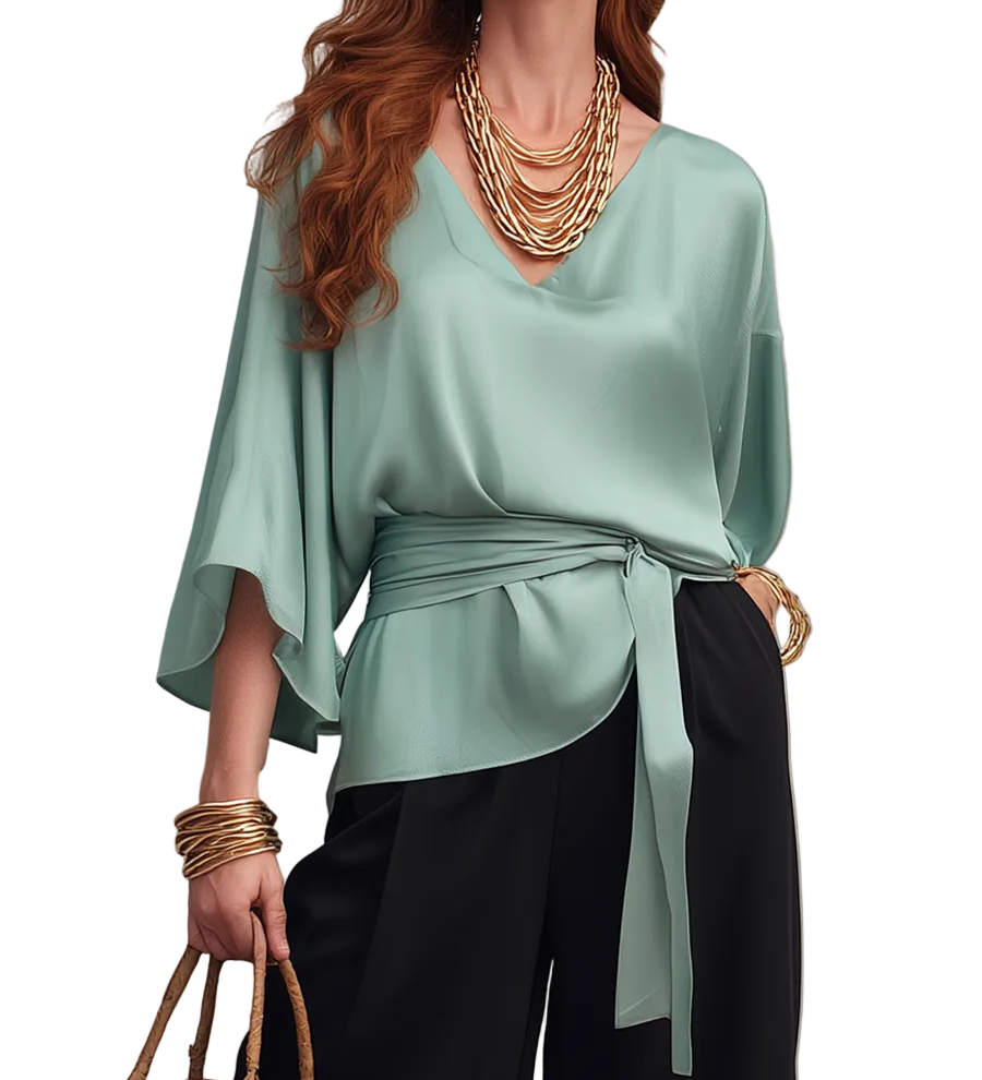 Effortless Mint Green Fluid Wrap Blouse