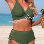 Solid Color V-neck High-waisted Hollowed-out Tie Two-piece Stretch Bikini Swimsuit