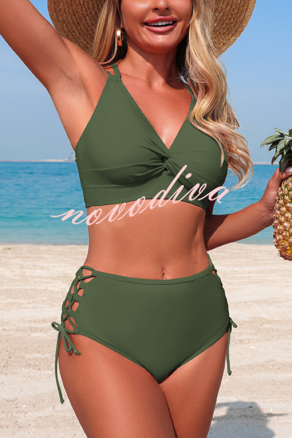 Solid Color V-neck High-waisted Hollowed-out Tie Two-piece Stretch Bikini Swimsuit