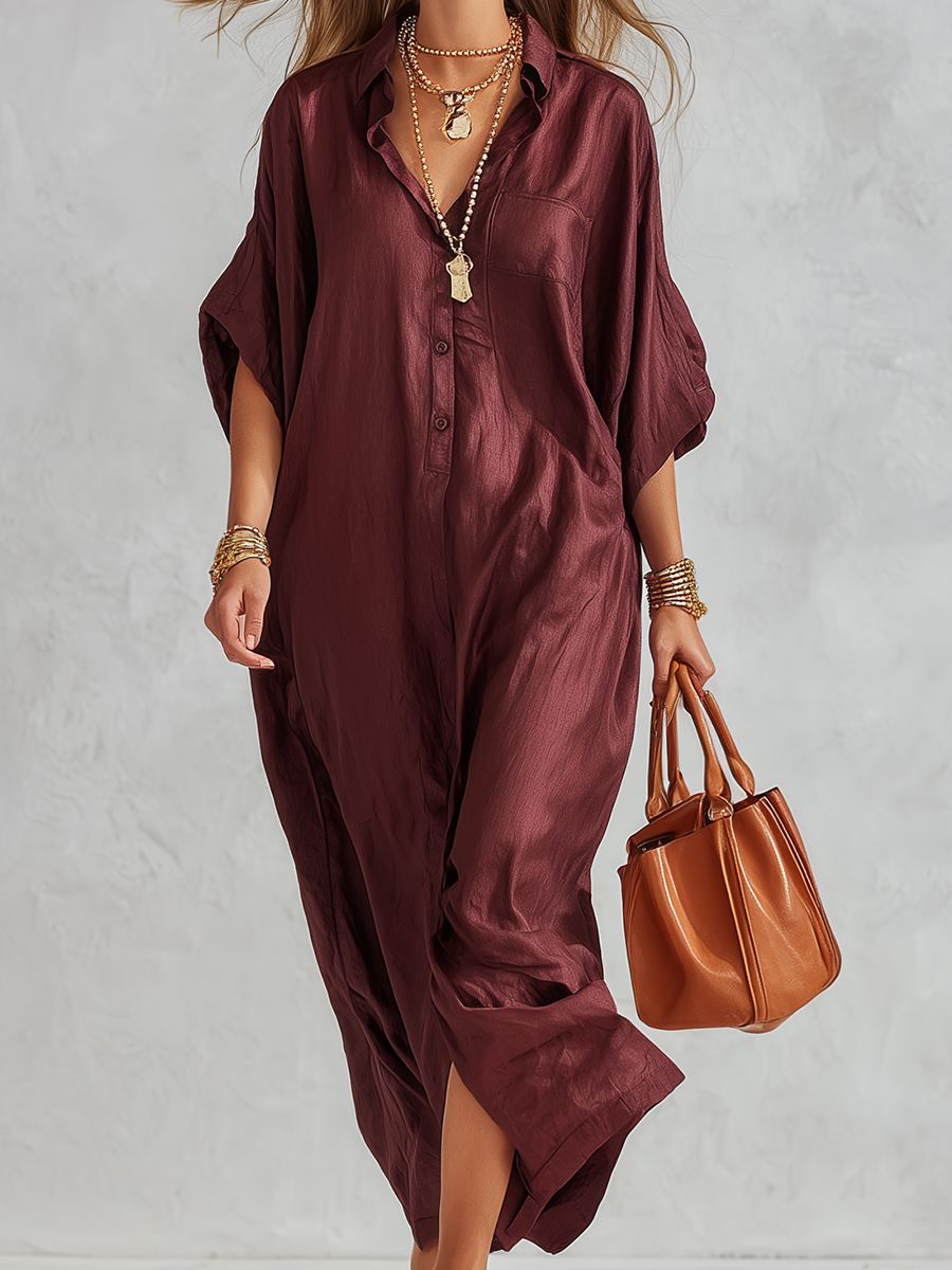 Burgundy Satin Loose-fitting Shirt Dress