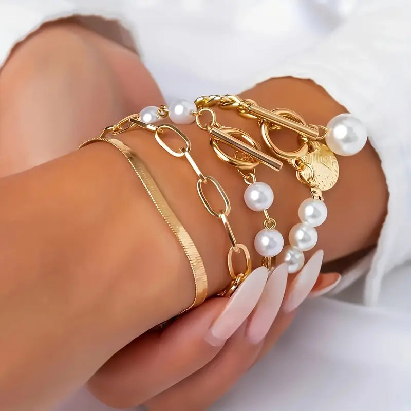 CONJUNTO CHIC ORO 4-PIEZA PULSERA - SERPIENTE, PERLES & MAILLONS | ORO