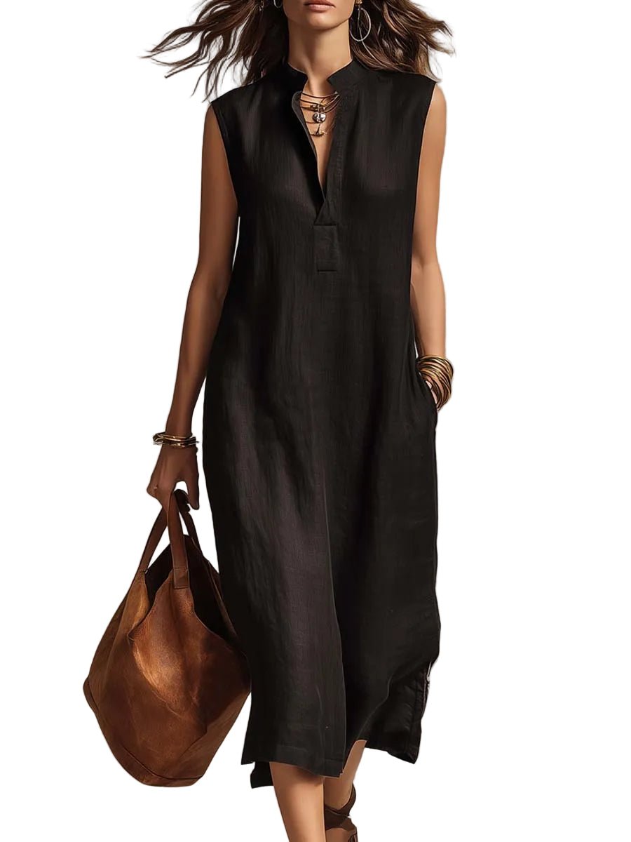 VESTIDO MIDI DE ALGODÓN Y LINO CON ESCOTE EN V - VALERINA MARBELLA