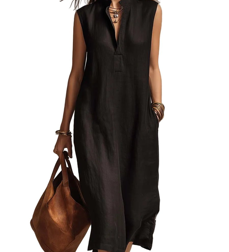 VESTIDO MIDI DE ALGODÓN Y LINO CON ESCOTE EN V - VALERINA MARBELLA