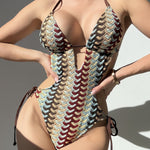 Colorful Crochet Textured Backless Elastic One-Piece Swimsuit