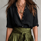 Effortless Boho Black Blouse & Olive Satin Midi Skirt Set