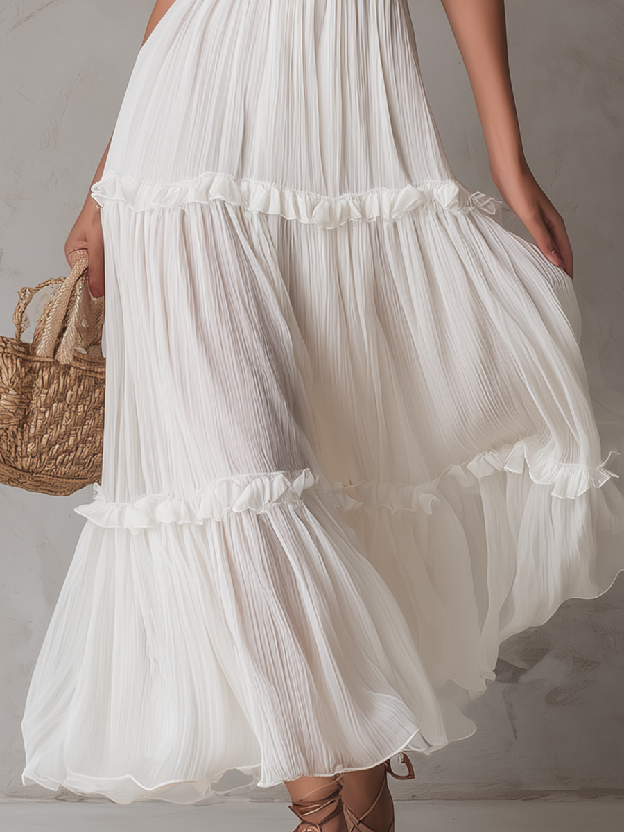 Graceful Pleated V-Neck Bohemian Maxi Dress
