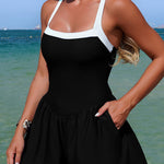 Stylish Square Neck Back Cutout Tie-up Pocket Stretch One-piece Swimsuit